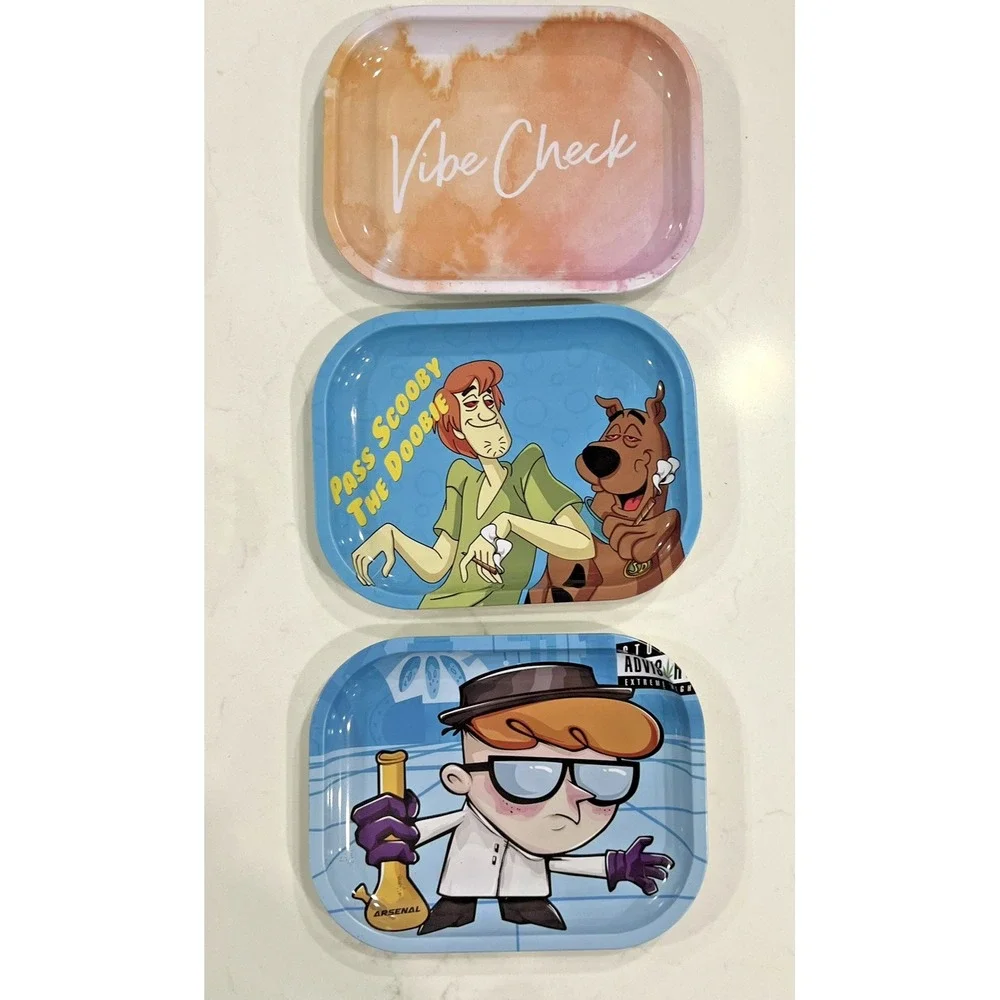 Scooby Doobie, Dexter's‎ Lab, and Vibe Check Rolling Trays 7x5.5 Lot of 3 metal